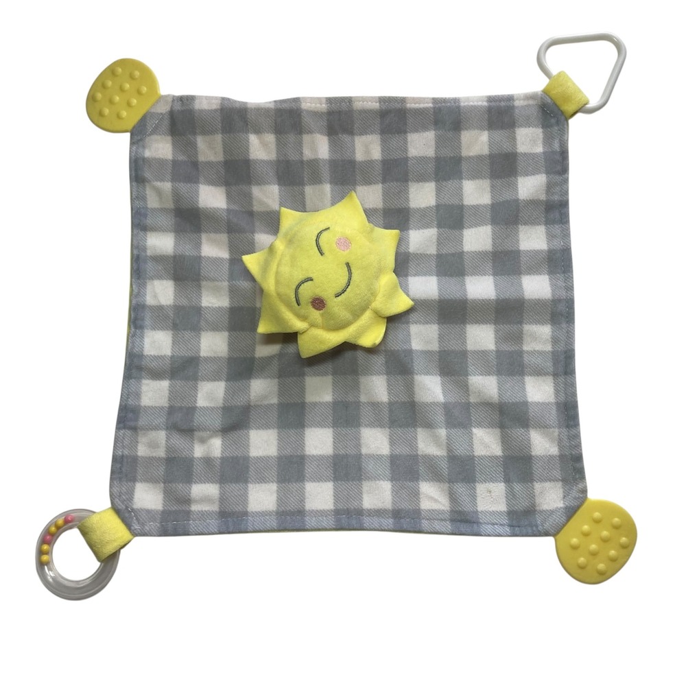 Modern Baby Sun Lovey 12" Security Blanket Rattle Yellow Gray White Plaid